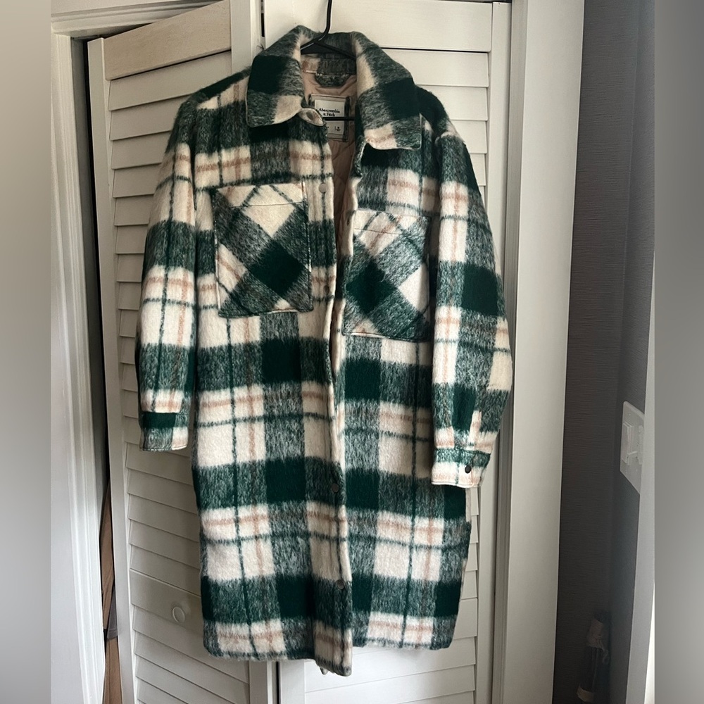 Abercrombie & Fitch Green and Cream Plaid Utility Jacket